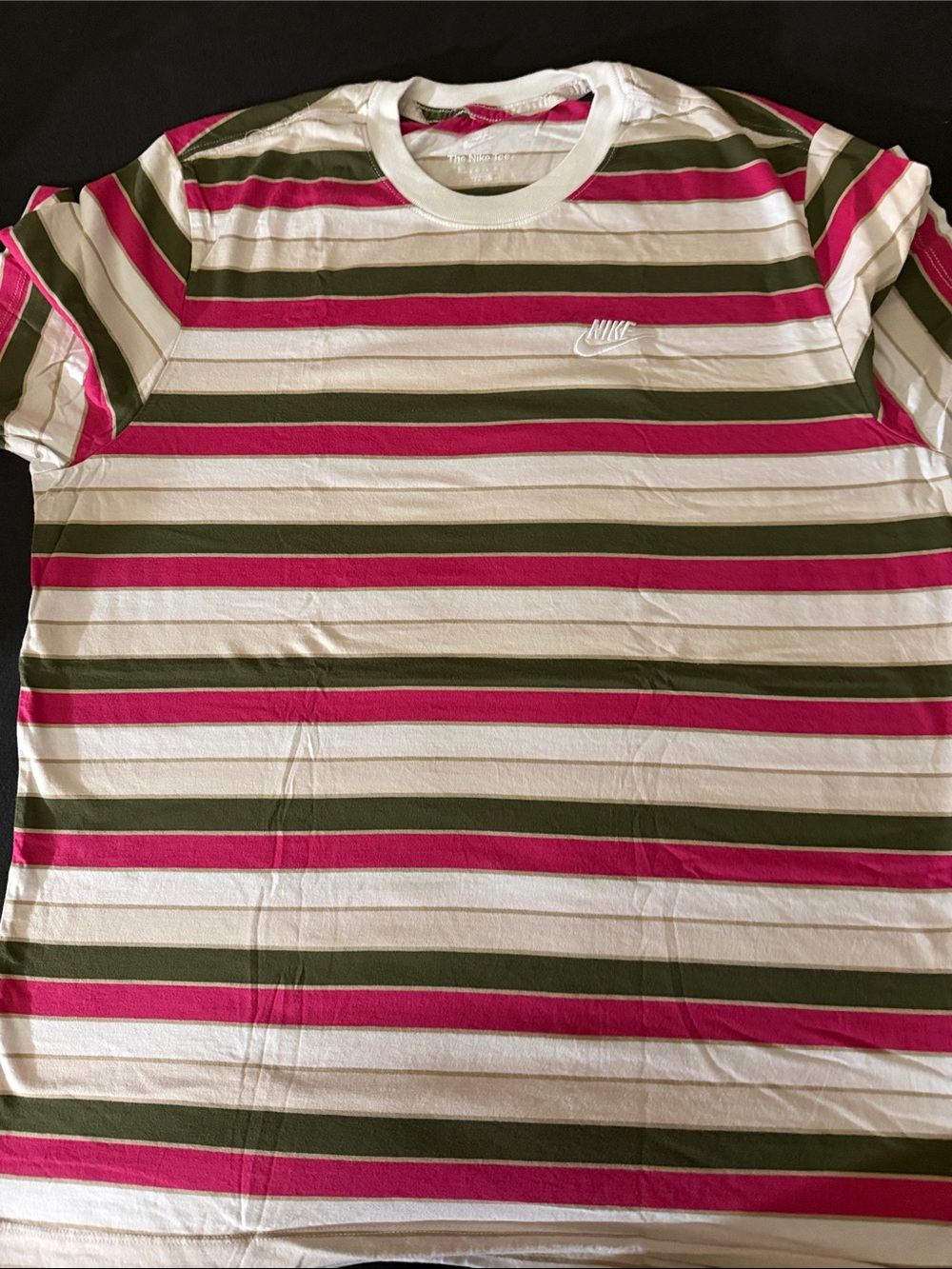 Nike Striped Crew T-Shirt in White, Olive & Pink